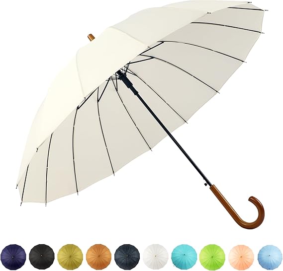 16 Ribs 48" Stick Umbrella Auto Open Solid Color Fashionable and Simple，Arc Classic Wood Handle，Windproof Unbreakable Stick Rain Umbrella