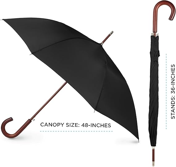 Eco Auto Open Umbrella Classic Wooden J Stick Handle with Easy Grip - Windproof, Rainproof and Durable Canopy Design – Versatile Travel, Perfect for Rainy Days